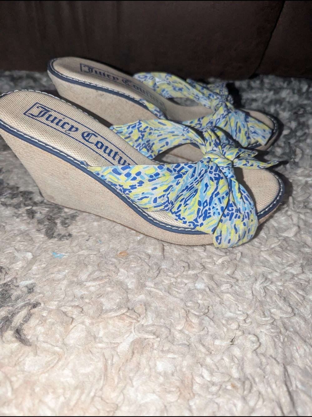 Juicy Couture Blue & Yellow Patterned Knot Wedge Sandals